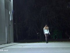 Jeny Smith night walking in black seamless pantyhose without a skirt